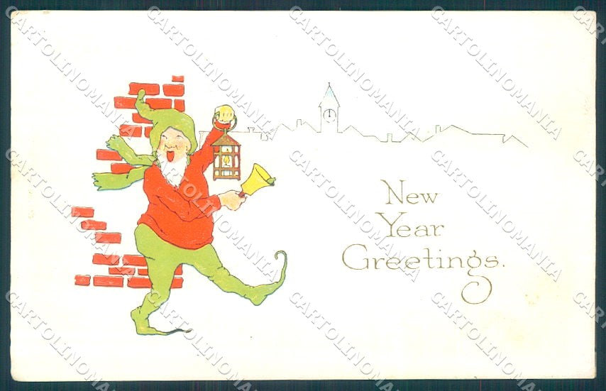 New Year Gnome Bell Relief serie 6829 cartolina postcard TW1501 – fronte