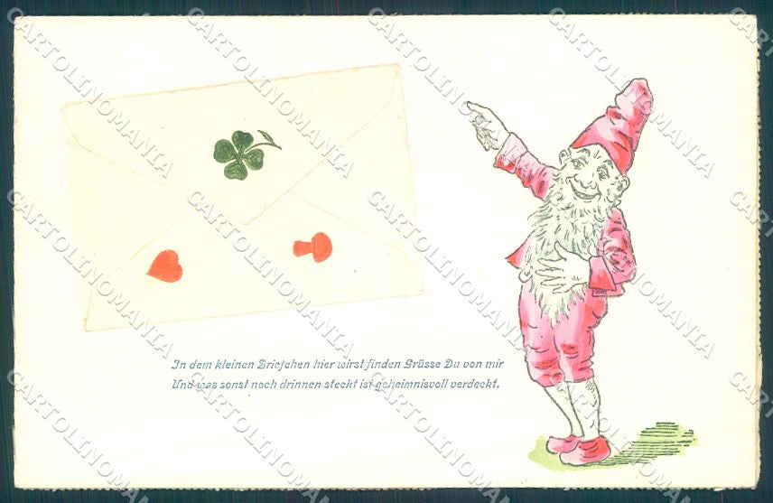 Greetings Augurali Gnome Letter Mushroom Four Leaf Clover ABRADED pc TW1504 – fronte