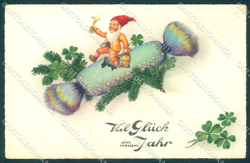 New Year Gnome Four Leaf Clover Money serie 5058 cartolina postcard TW1514 – fronte