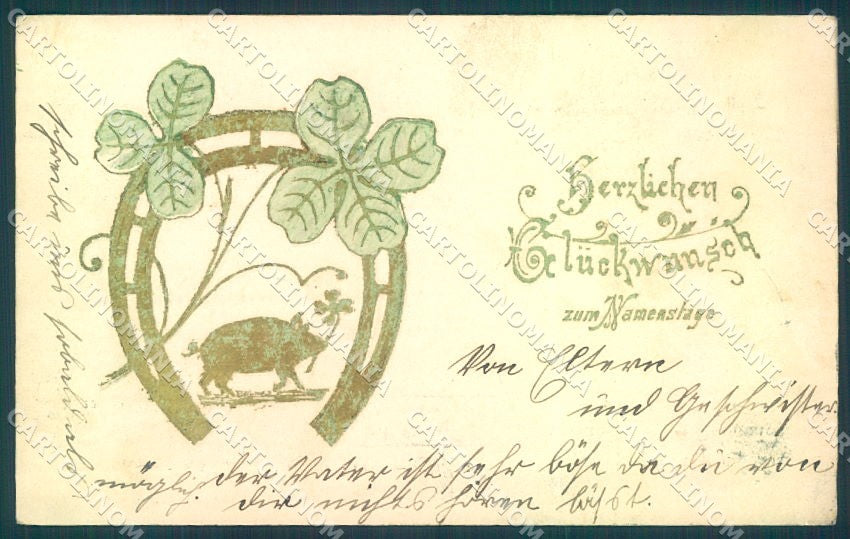 Greetings Augurali Pig Four Leaf Clover Horseshoe Relief postcard TW1519 – fronte