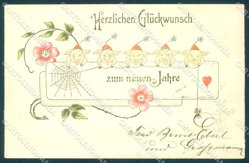 New Year Pig Spider Web Flower Relief cartolina postcard TW1522 – fronte