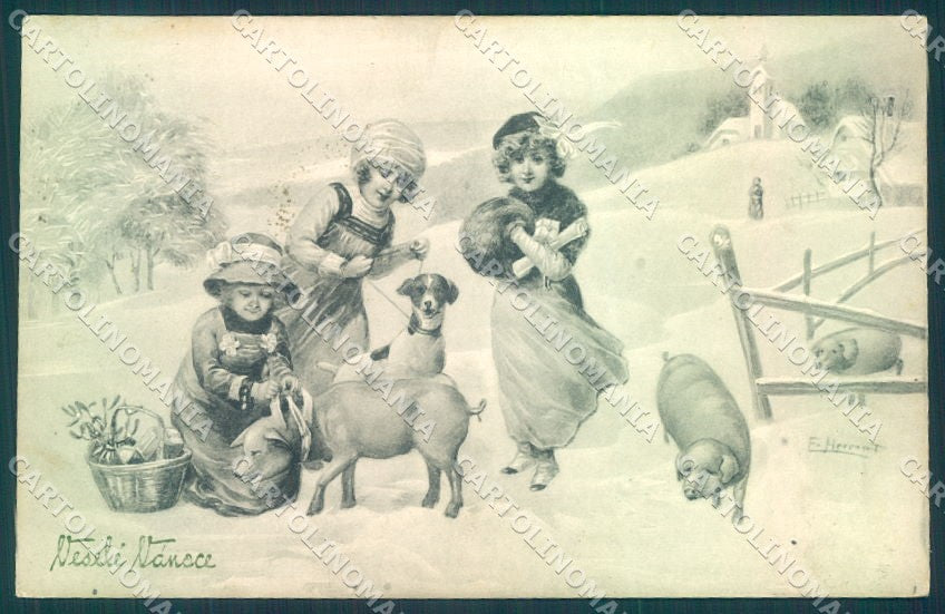 Artist Signed New Year Pig Dog Children VK Vienne 5355 cartolina postcard TW1523 – fronte