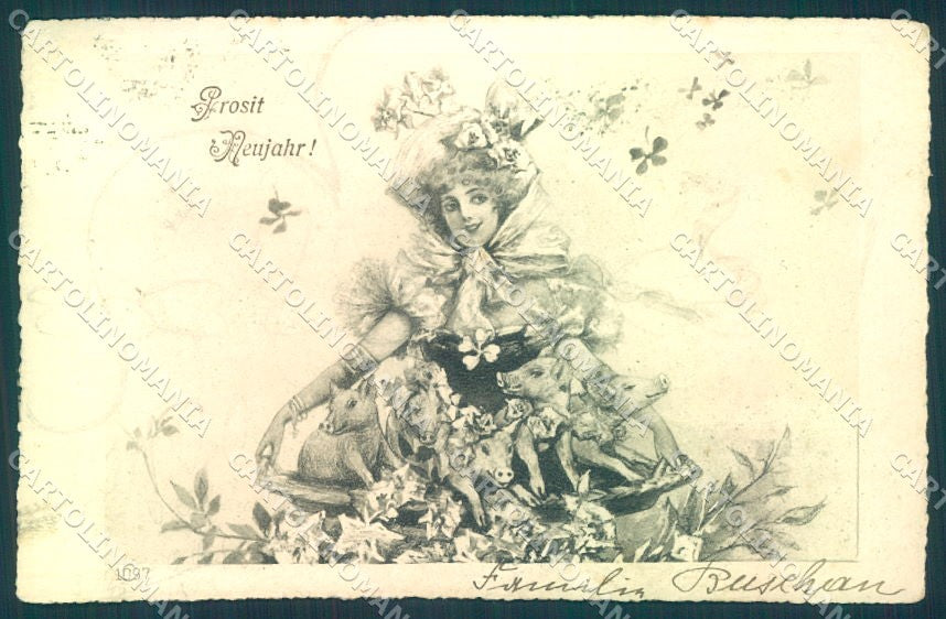 Artist Signed Kratki New Year Pig Lady Four Leaf Clover serie 1097 pc TW1525 – fronte