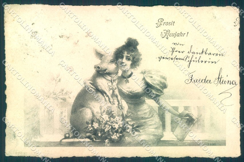 Artist Signed Kratki New Year Pig Lady Four Leaf Clover serie 1097 pc TW1526 – fronte