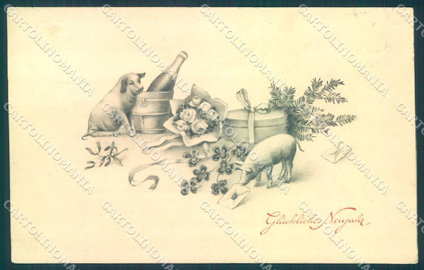 New Year Pig Four Leaf Clover Flower Toasting serie 319 postcard TW1527 – fronte