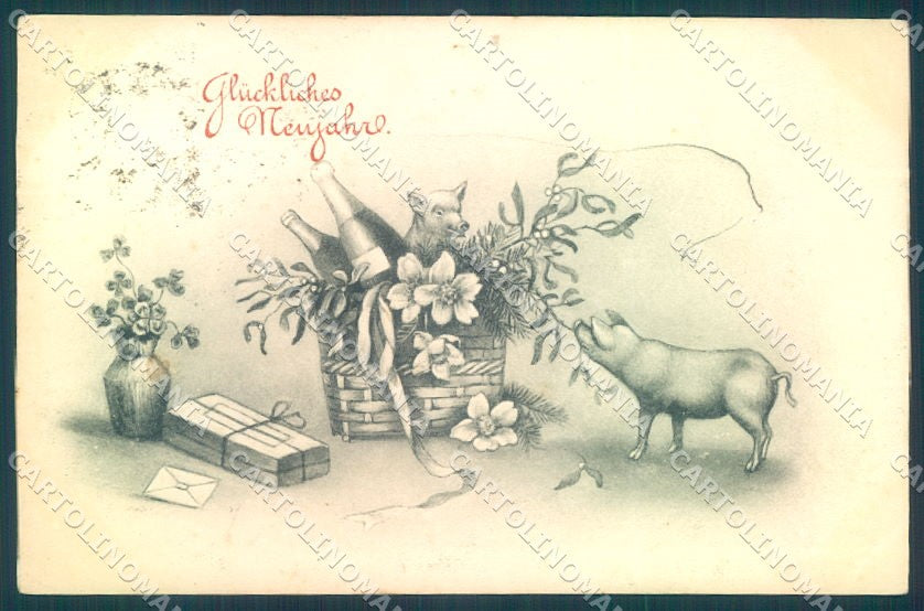Artist Signed Pig Four Leaf Clover Toasting Mistletoe serie 319 postcard TW1529 – fronte