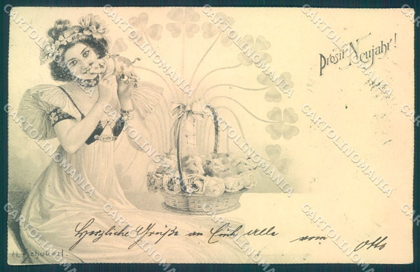 New Year H Schubert New Year Pig Lady Four Leaf Clover Pittius postcard TW1530 – fronte
