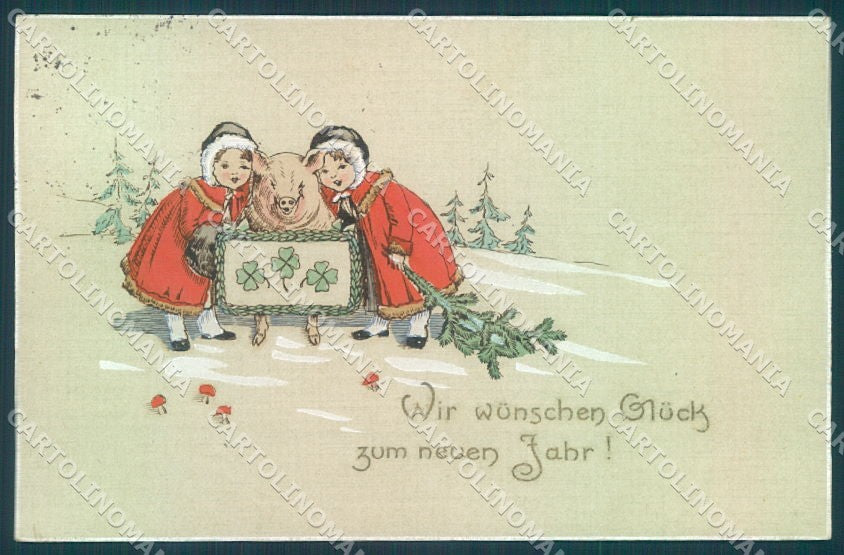 New Year Pig Child Girl Four Leaf Clover Pittius cartolina postcard TW1532 – fronte