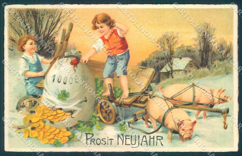 New Year Pig Child Boy Four Leaf Clover Money serie 9217 postcard TW1533 – fronte