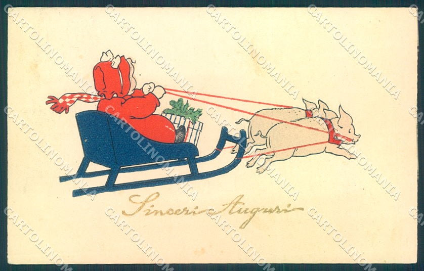 New Year Pig Child Girl Sleigh Relief cartolina postcard TW1535 – fronte