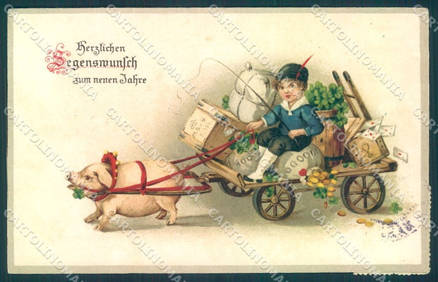 New Year Pig Child Boy Four Leaf Clover Money serie 1548 UNGLUED postcard TW1536 – fronte