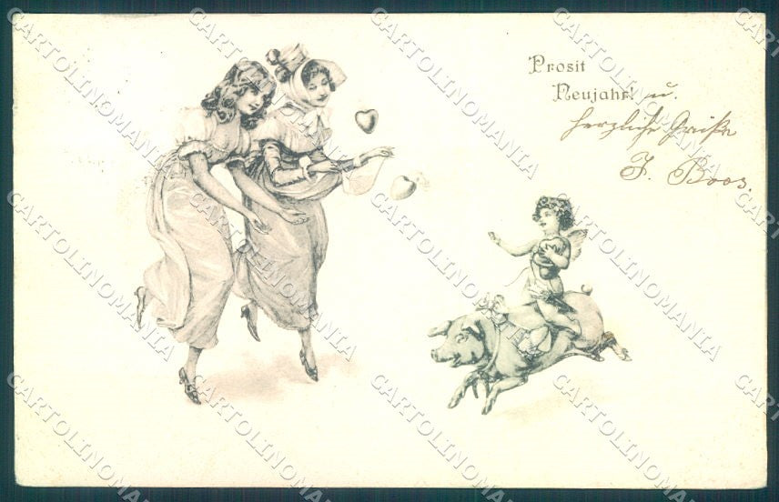 New Year Pig Cupid Lady Horseshoe serie 21 cartolina postcard TW1540 – fronte