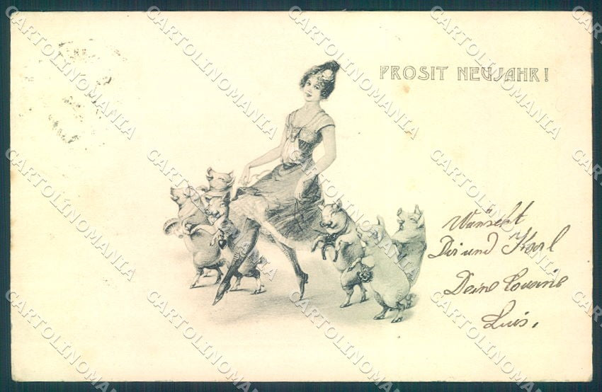 New Year Pig Lady Horseshoe Four Leaf Clover serie 22 cartolina postcard TW1541 – fronte