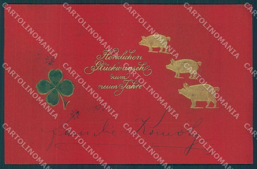 New Year Pig Four Leaf Clover Relief cartolina postcard TW1543 – fronte