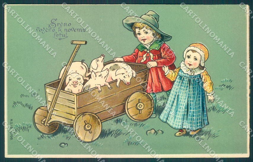 Greetings Augurali Children Pig MSiB 13796 Relief cartolina postcard TW1544 – fronte