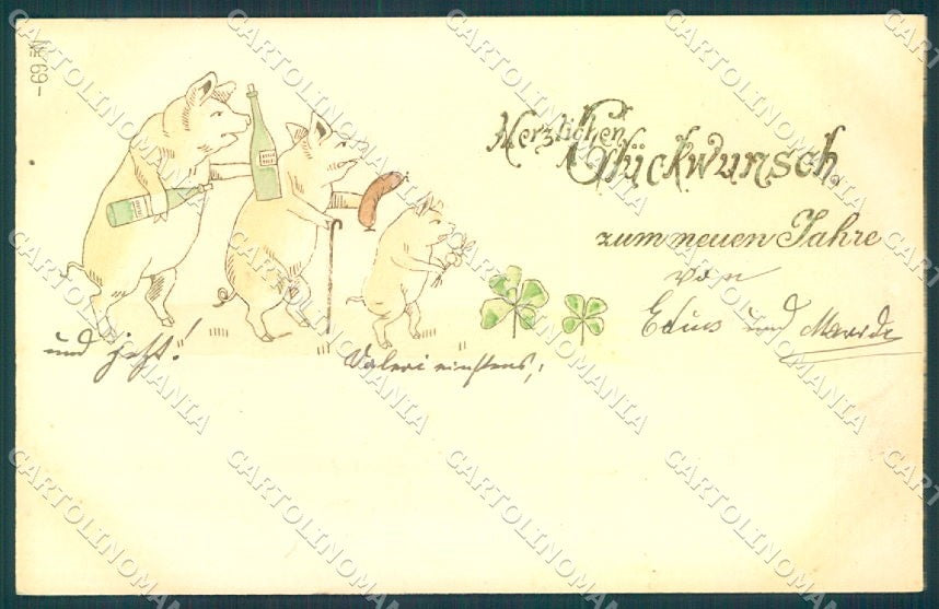 New Year Pig Four Leaf Clover Relief serie 69 cartolina postcard TW1546 – fronte
