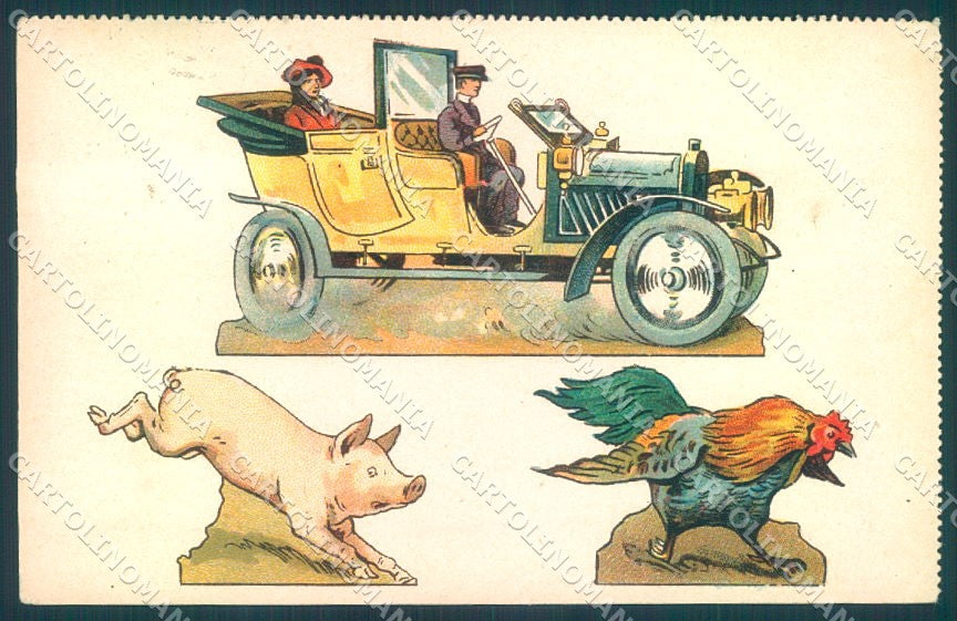Artist Signed Lady Car Pig Rooster CREASED cartolina postcard TW1552 – fronte