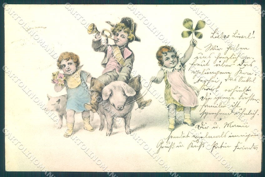 Greetings Augurali Pig Children Four Leaf Clover PFB serie 3053 postcard TW1554 – fronte