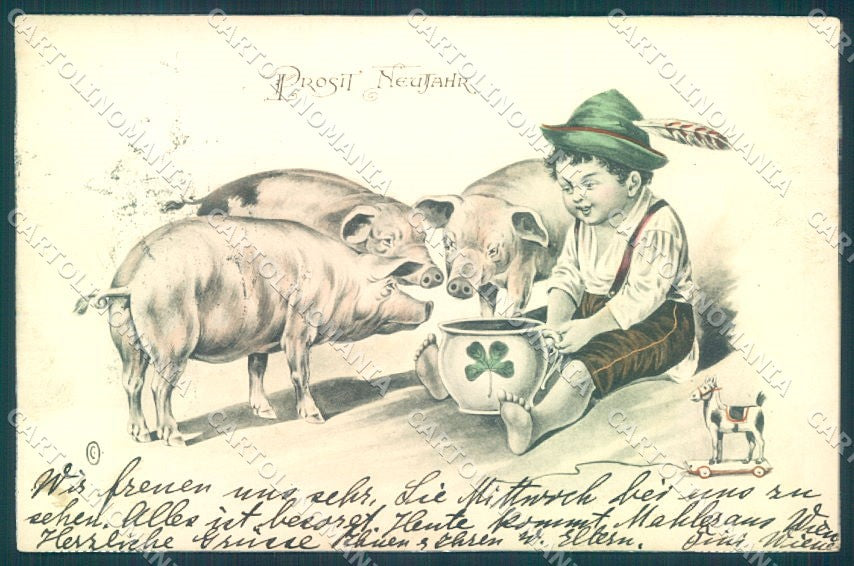 Artist Signed New Year Child Pig Chamber Pot Luck cartolina postcard TW1561 – fronte