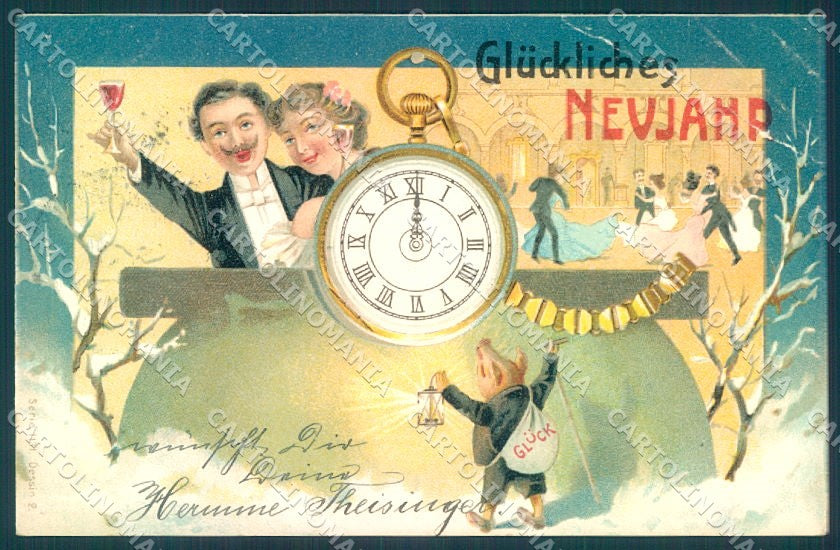 New Year Couple Toasting Dance Pig CORNER CREASE serie 1131 postcard TW1562 – fronte