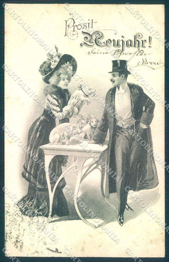 Artist Signed Lady Couple Pig Art Nouveau serie 841 cartolina postcard TW1563 – fronte