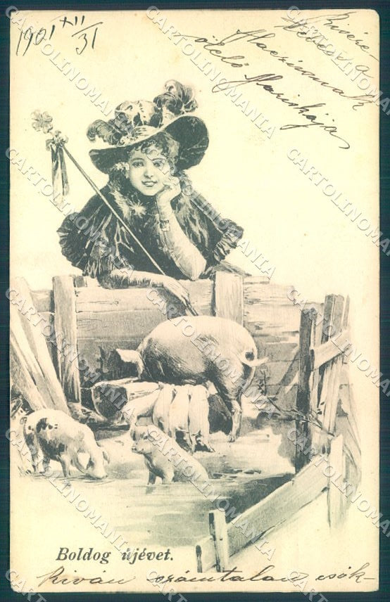 Artist Signed New Year Lady Pig Luck serie 841 cartolina postcard TW1566 – fronte