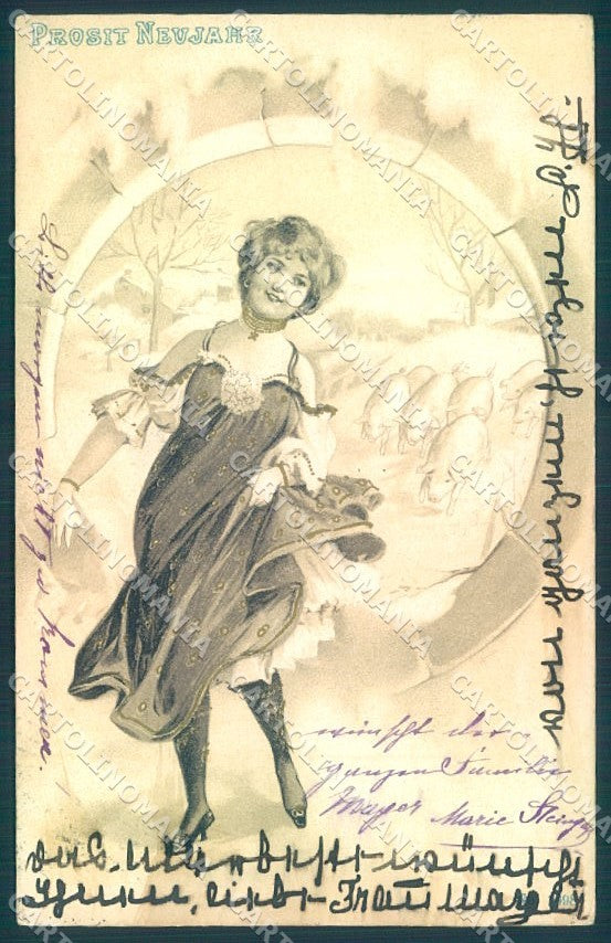 Artist Signed Geiger ? Lady Pig New Year Art Nouveau cartolina postcard TW1567 – fronte