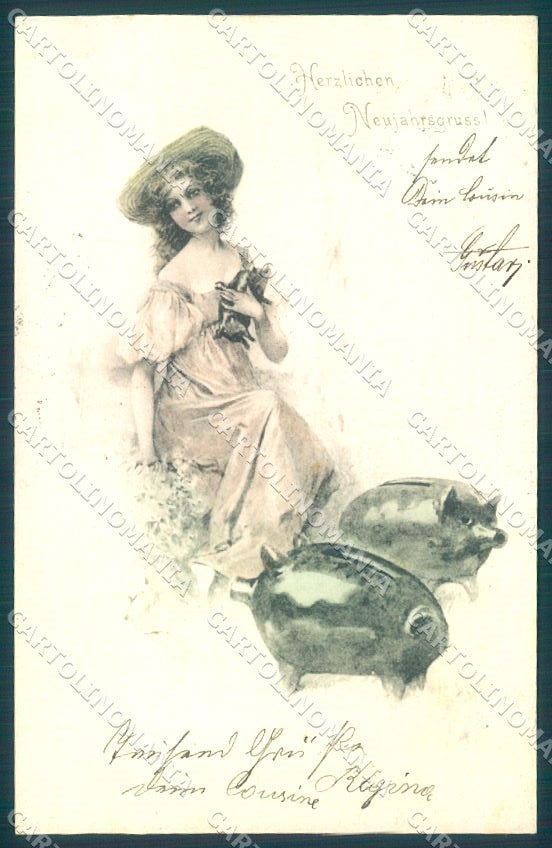 Artist Signed Lady Pig New Year serie 4016 cartolina postcard TW1568 – fronte