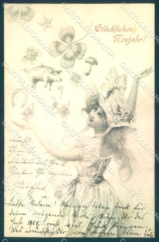 Artist Signed Wichera ? Lady New Year Pig Mushroom MM Vienne pc TW1569 – fronte