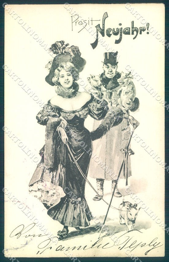 Artist Signed New Year Lady Pig Man serie 841 cartolina postcard TW1570 – fronte