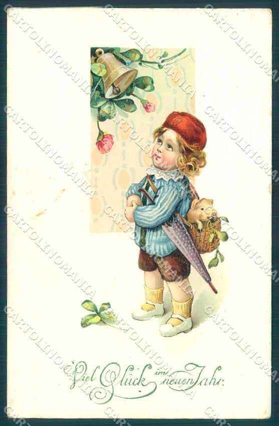 New Year Child Pig Four Leaf Clover Luck cartolina postcard TW1571 – fronte