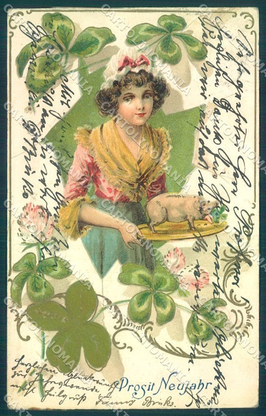 New Year Lady Pig Four Leaf Clover Silk serie 302 Relief postcard TW1572 – fronte