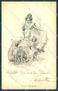 New Year Pig Fairy Lady cartolina postcard TW1576 – fronte