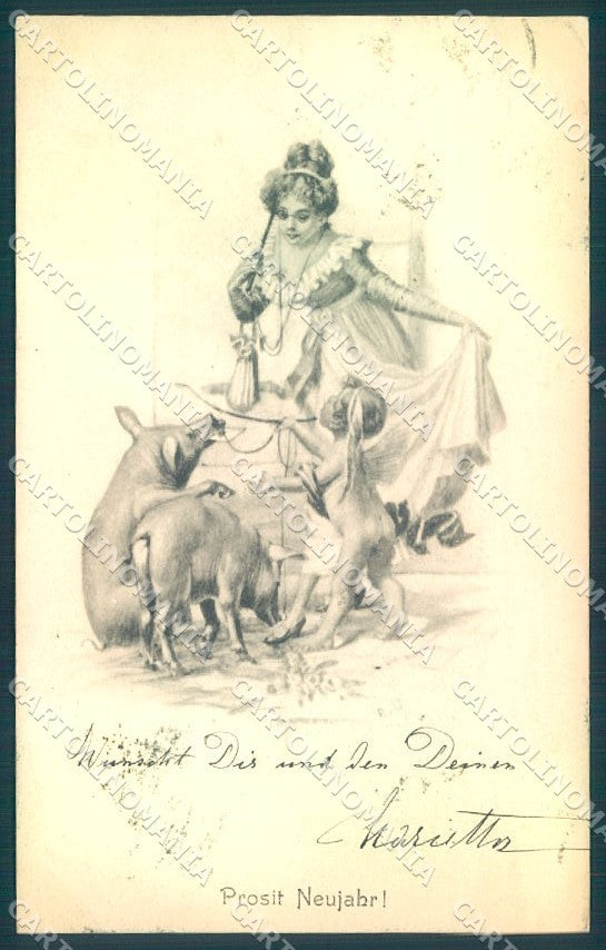 New Year Pig Fairy Lady cartolina postcard TW1576 – fronte
