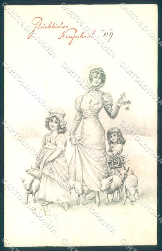 New Year Viennoise Lady Girl Pig serie 2572 SOFT CREASE postcard TW1577 – fronte