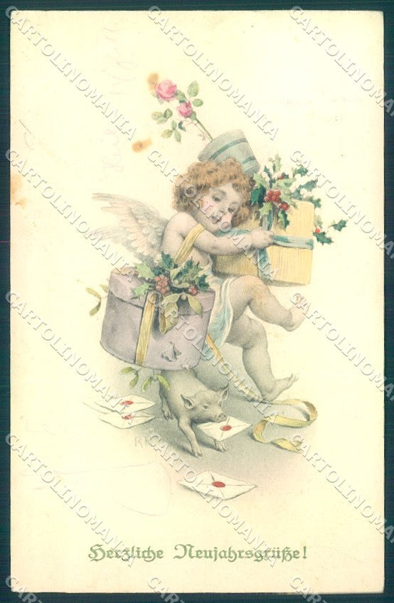 Artist Signed Rossler Cupid Pig Christmas MM Vienne 401 CORNER CREASED pc TW1579 – fronte