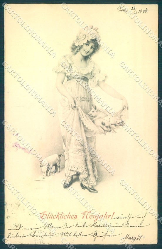 Artist Signed Girl Pig Viennoise MM Vienne 194 SOFT CREASE postcard TW1585 – fronte
