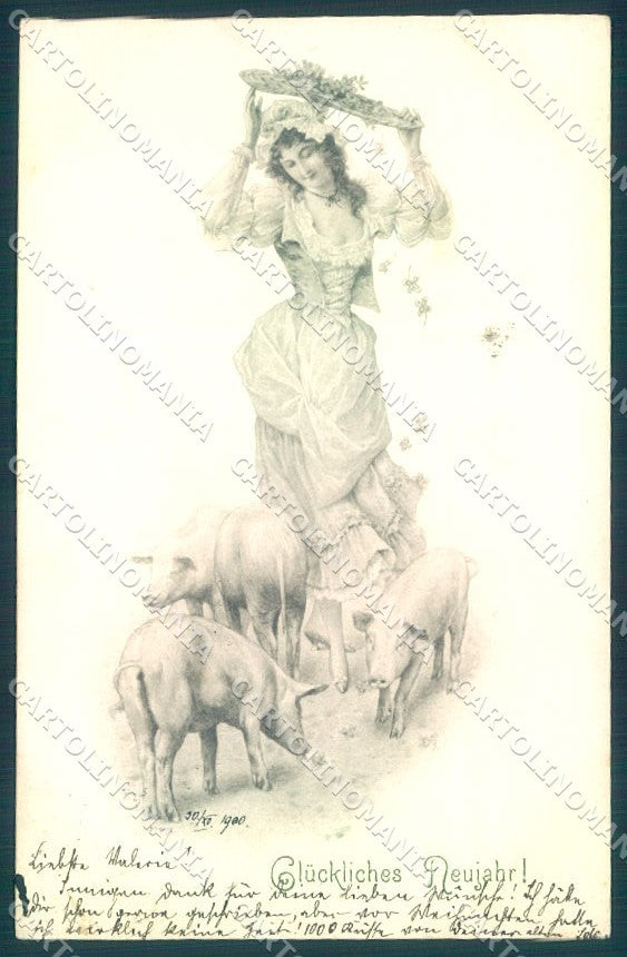 Artist Signed New Year Viennoise Lady Pig MM Vienne cartolina postcard TW1586 – fronte