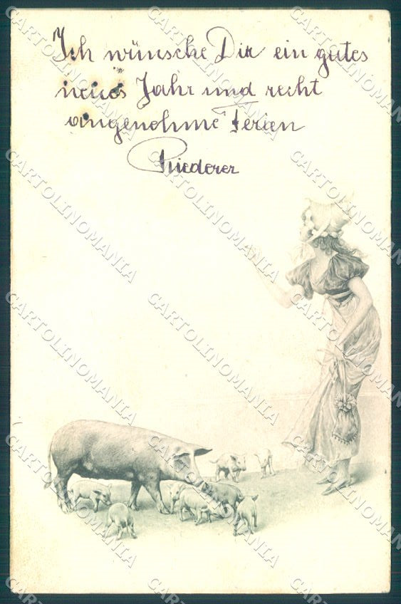 Artist Signed New Year Viennoise Lady Pig MM Vienne ABRADED postcard TW1588 – fronte