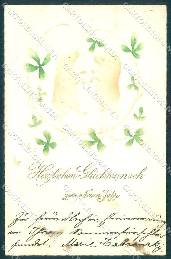 New Year Pig Four Leaf Clover Relief cartolina postcard TW1590 – fronte