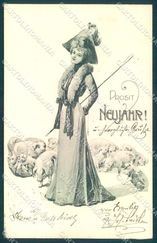 Artist Signed New Year Viennoise Lady Pig serie 841 cartolina postcard TW1591 – fronte