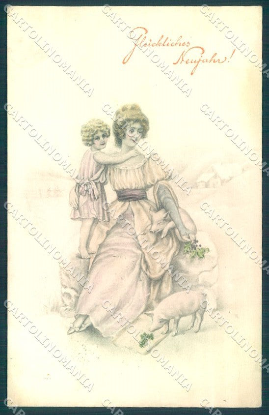 Artist Signed Lady Girl Pig New Year Viennoise serie 2572 postcard TW1593 – fronte