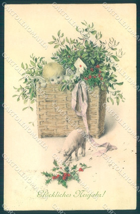 Artist Signed Rossler ? Cupid Pig Mistletoe MM Vienne 288 Viennoise pc TW1595 – fronte