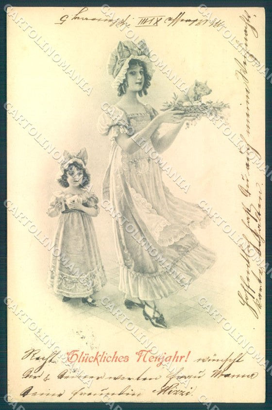 Artist Signed New Year Lady Girl Pig Viennoise MM Vienne 194 postcard TW1599 – fronte