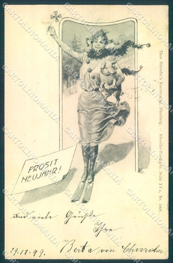 Artist Signed New Year Lady Ski Pig Theo Stroefer 1008 cartolina postcard TW1603 – fronte
