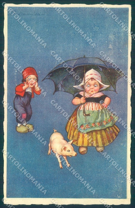 Artist Colombo Pig Dutch Children Umbrella serie 1905-1 CREASE postcard TW1604 – fronte