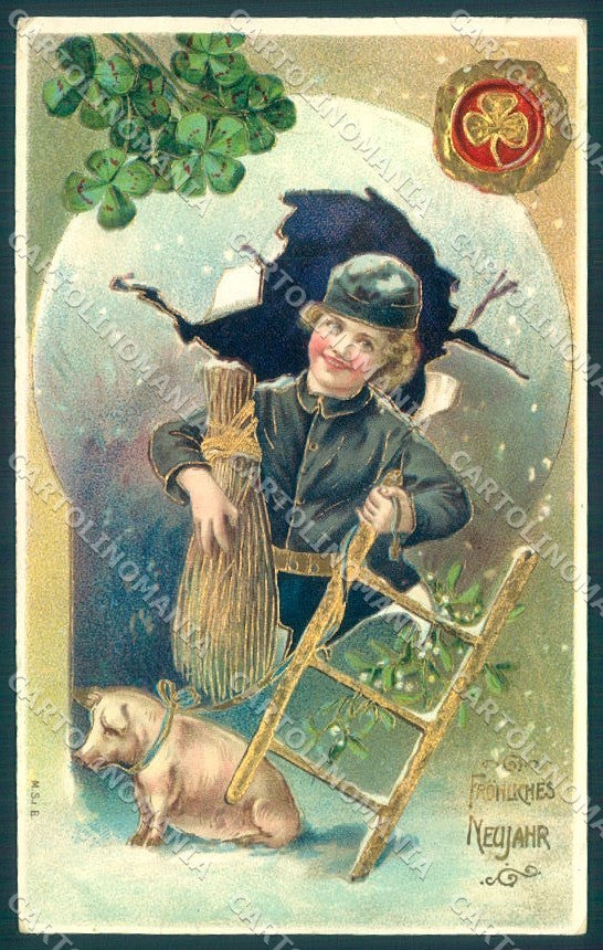New Year Pig Chimney Sweep Four Leaf Clover MSiB CORNER CREASE pc TW1605 – fronte