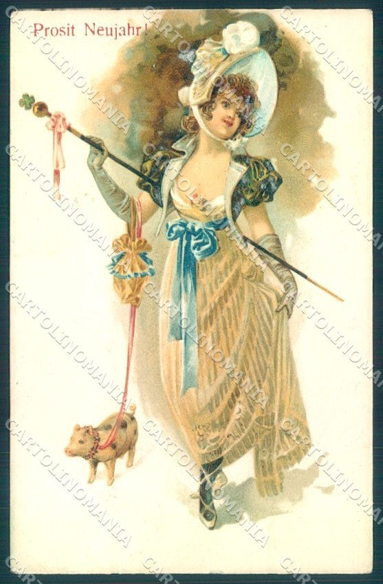 Artist Signed New Year Fashion Lady Pig Four Leaf Clover postcard TW1606 – fronte