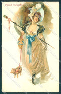 Artist Signed New Year Fashion Lady Pig Four Leaf Clover postcard TW1606 – fronte