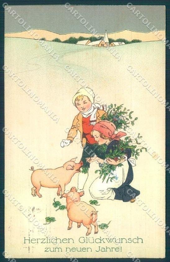 New Year Pig Children Four Leaf Clover Mistletoe serie 3276 postcard TW1607 – fronte